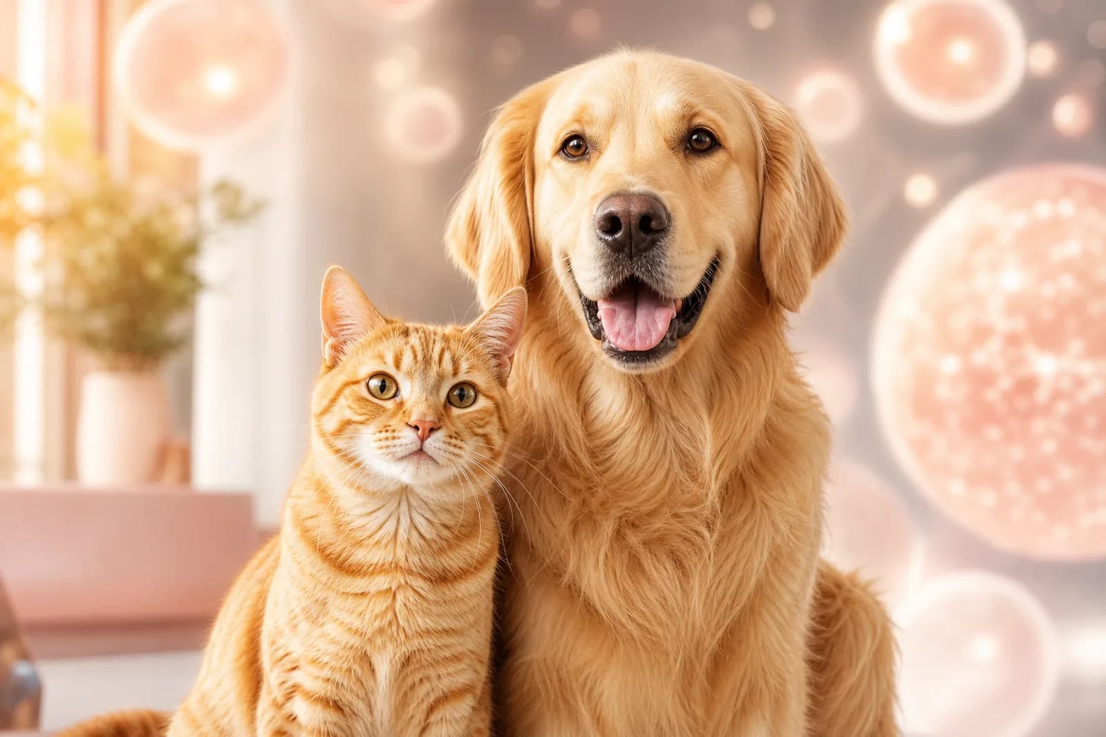A healthy, happy golden retriever and an orange cat sitting together in a bright, warm clinic space