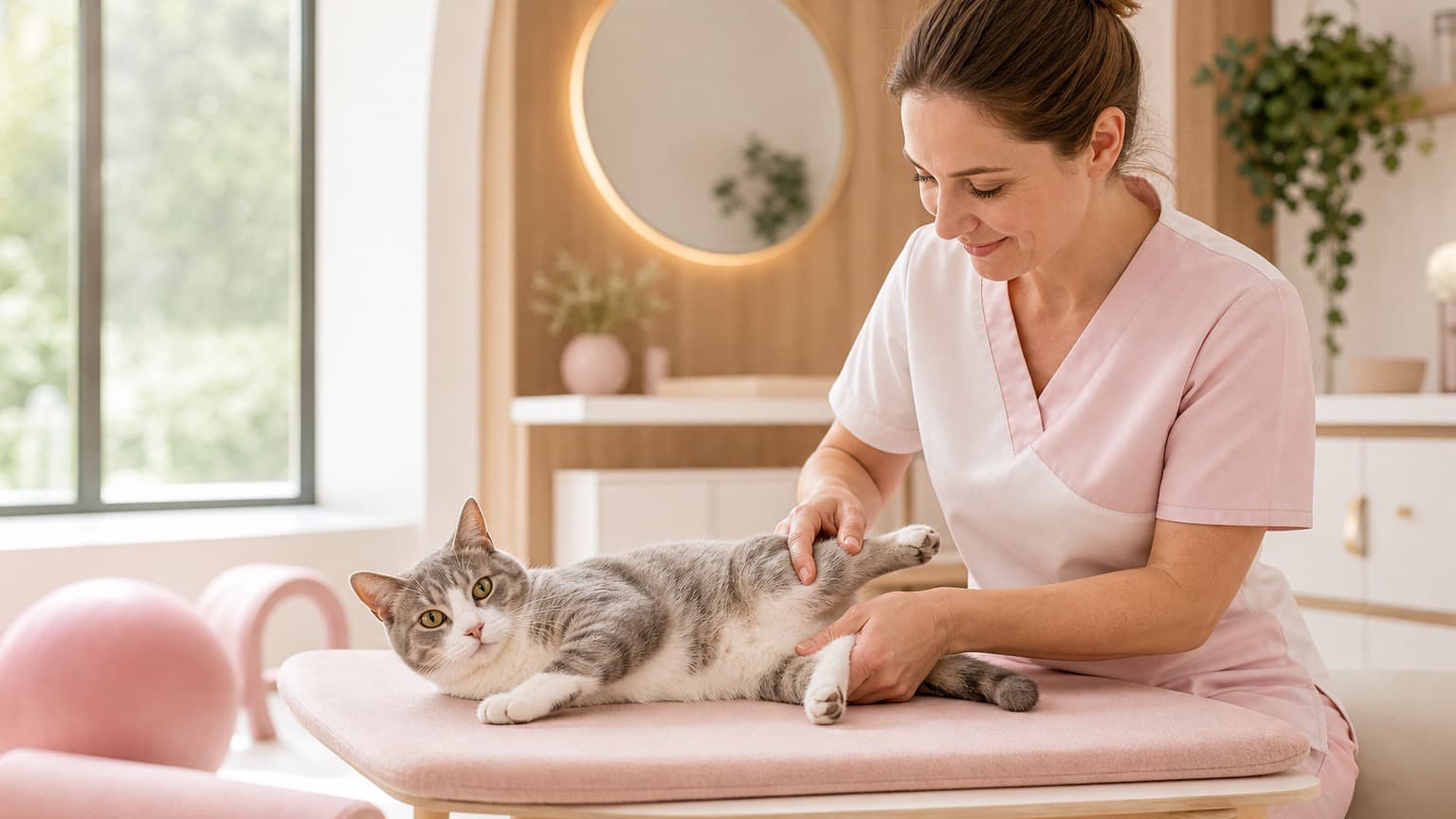 Cat receiving physiotherapy assessment at RehabVet Singapore