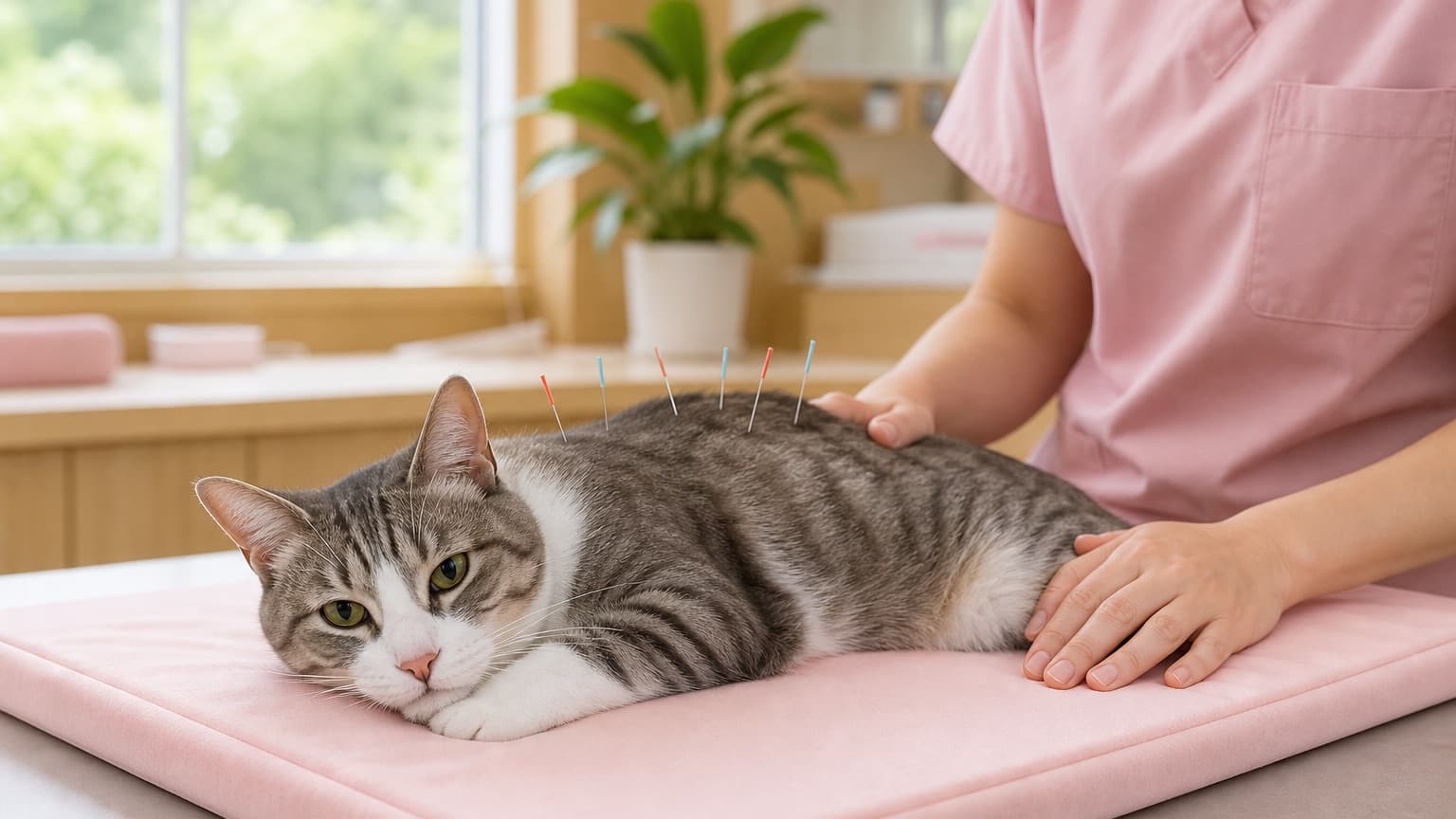 Cat resting calmly with fine acupuncture needles placed along its back during a feline acupuncture session at RehabVet Singapore