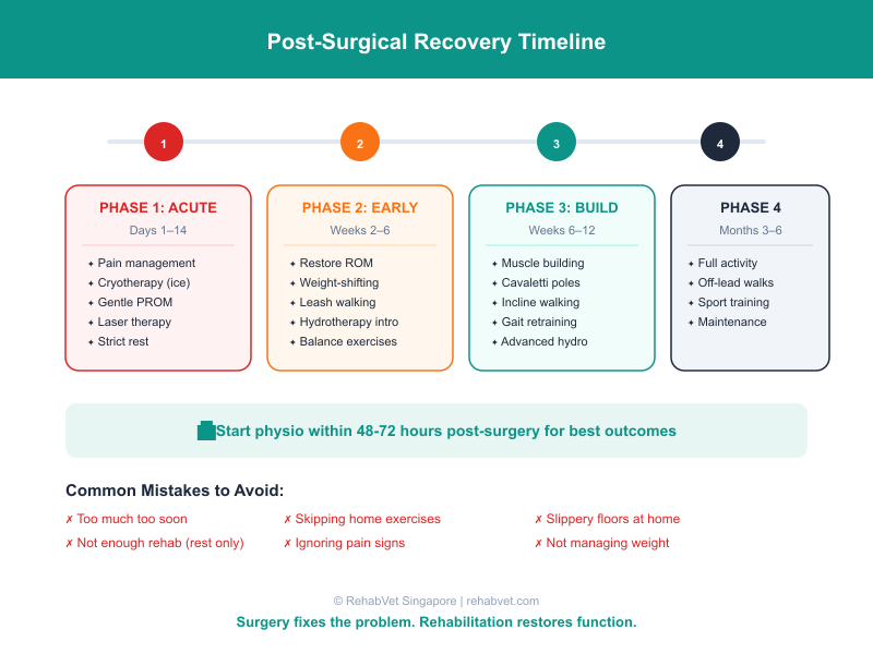 Post-surgical recovery timeline infographic showing 4 phases of dog rehabilitation